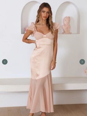 Hello Molly Blush Satin Maxi Dress with Ruffle Sleeves